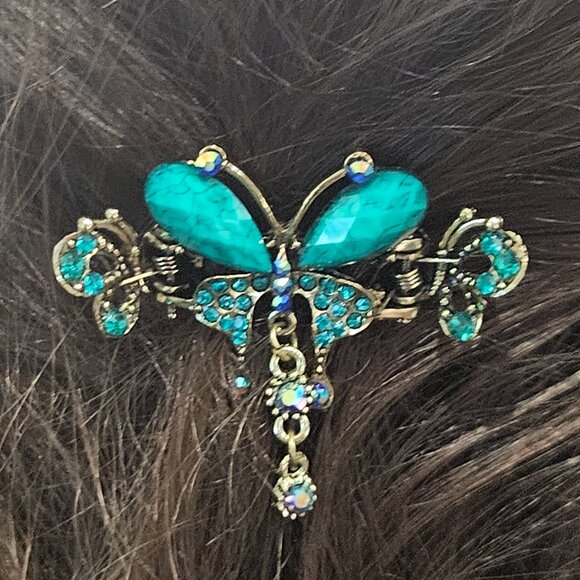 Elegant Crystal Hair Clip Turquoise Butterfly Flower Hair Crab Claw - Picture 2 of 7